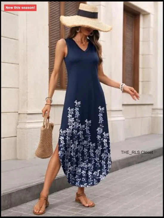 Maxi Dress with Pockets, V Neck, Sleeveless, Loose Fit, Rayon Polyester Blend - Picture 6 of 7